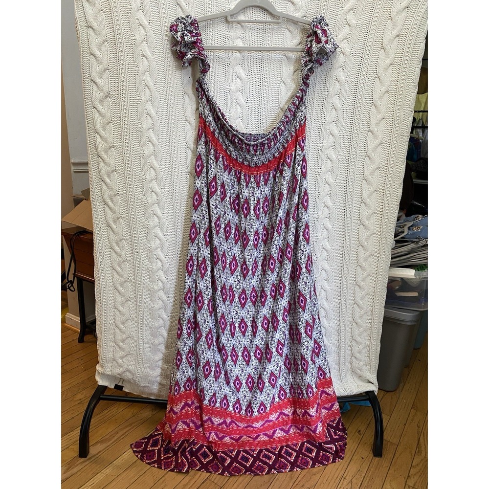 Sundress Maxi Flutter Sleeve Rayon Women's XL (40" Bust)‎ Peasant Boho Red Pink - Picture 7 of 8